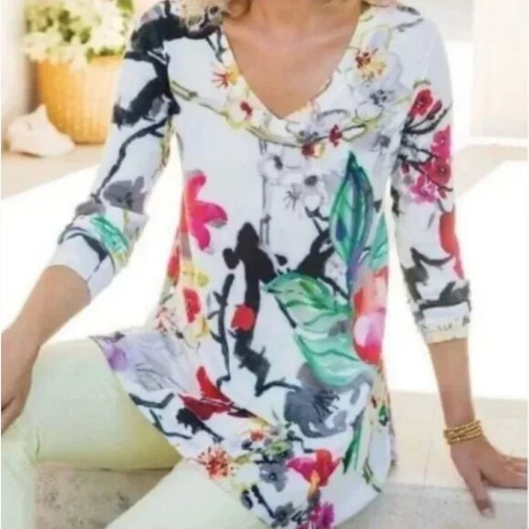 Soft Surroundings Floral V Neck Long Sleeve Sweater Size PS - Picture 1 of 8